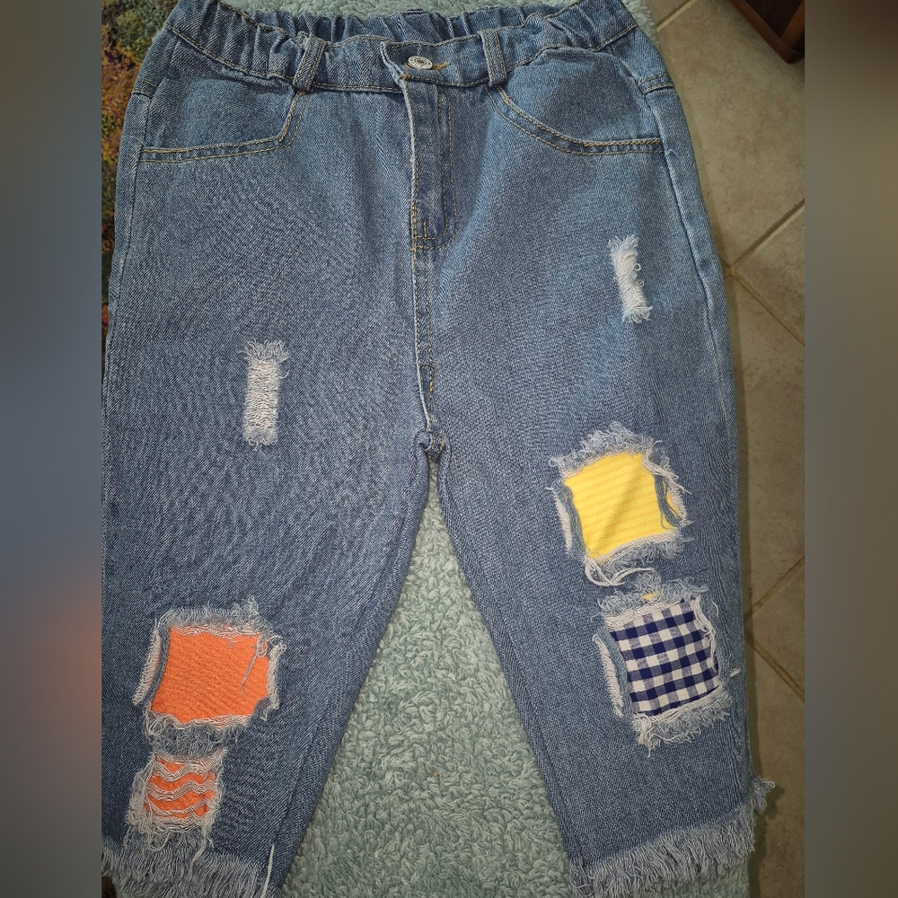 ROWDY GUY Kids Stylish Distressed Denim Jeans with Colorful Patches